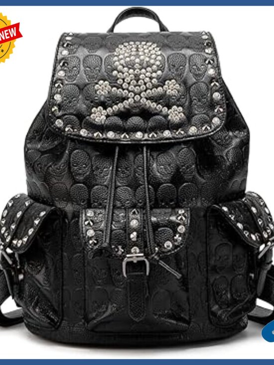 Skull Embossed Backpack with Rhinestone Studs, Multi-Pocket Daypack